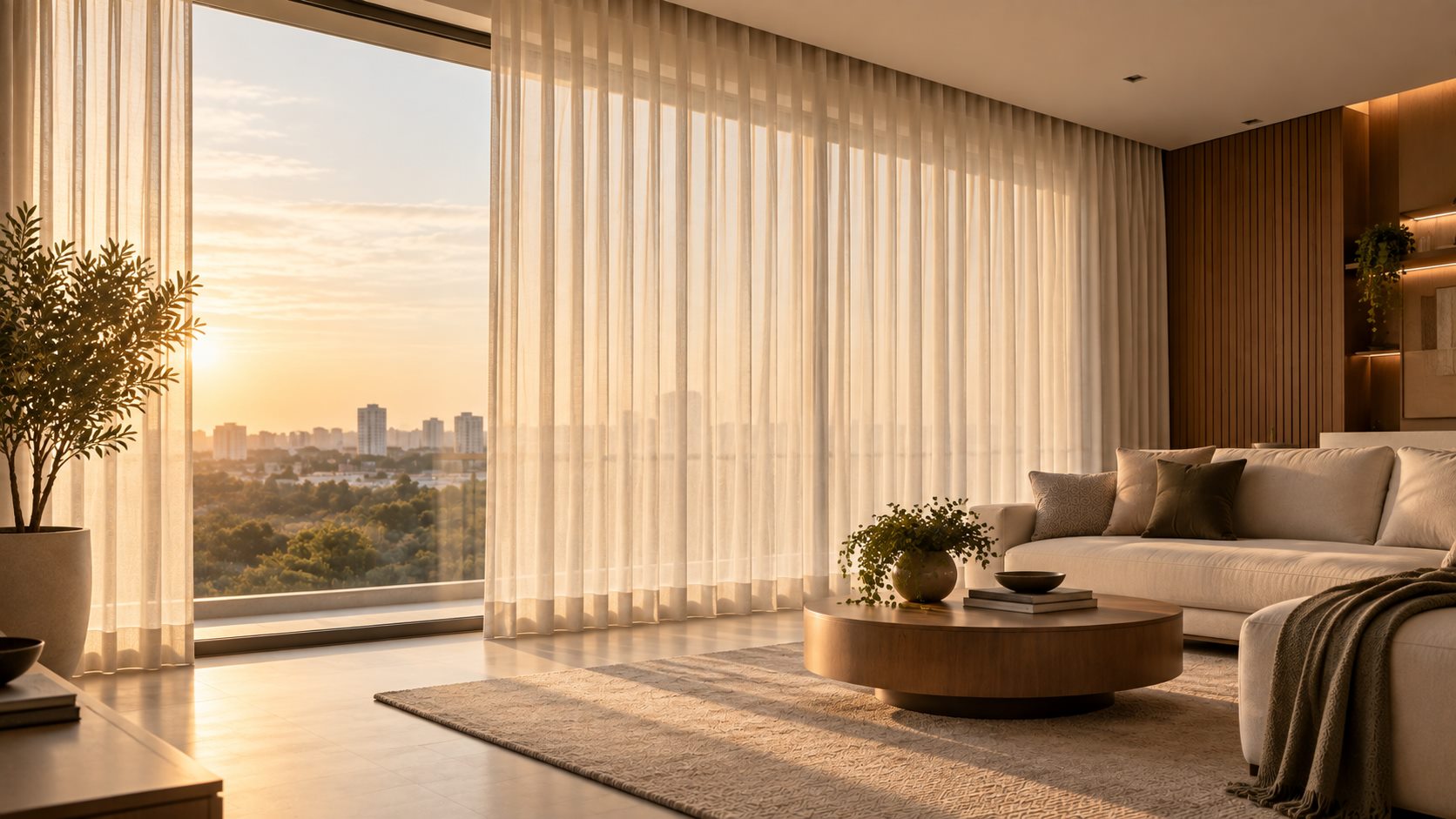 Cortinas de voil translúcido em sala de estar iluminada, com vista para a cidade ao entardecer